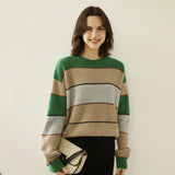 Lady Striped Cashmere Sweater Crewneck Colorblock Knit Drop Shoulder