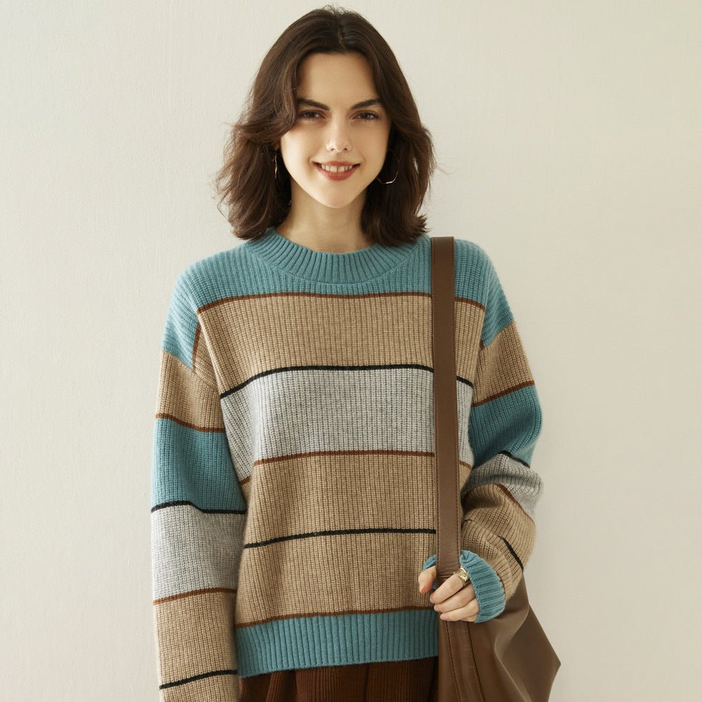 Lady Striped Cashmere Sweater Crewneck Colorblock Knit Drop Shoulder