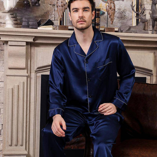 Navy blue silk pyjamas sale