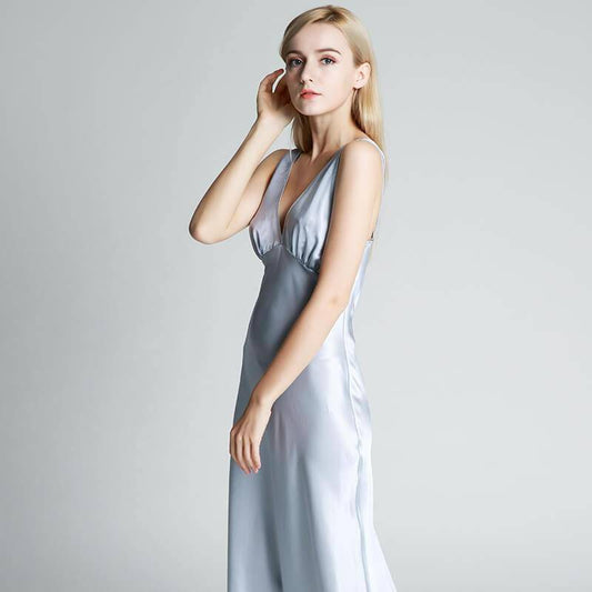 Long Silk Nightgown For Women Wide Strap V Neck Silk Nightdress