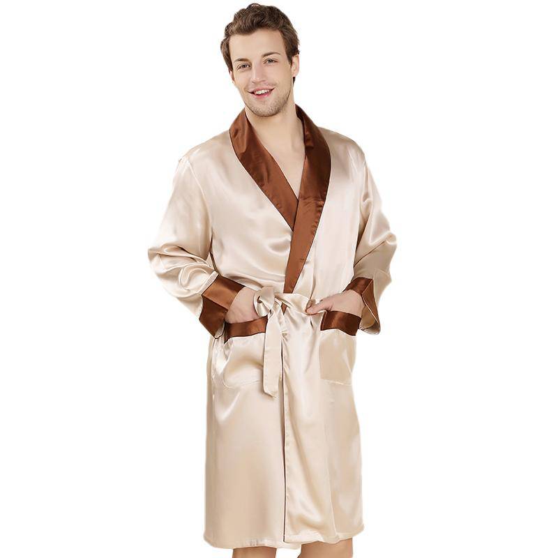 Long Silk Robe For Men 100% Pure Silk Robe With Piping