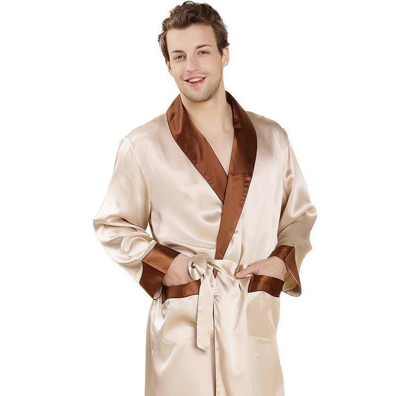 Long Silk Robe For Men 100% Pure Silk Robe With Piping