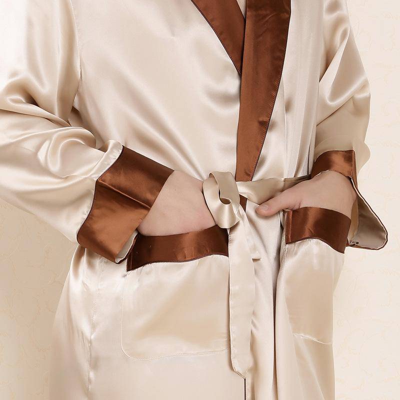 Long Silk Robe For Men 100% Pure Silk Robe With Piping