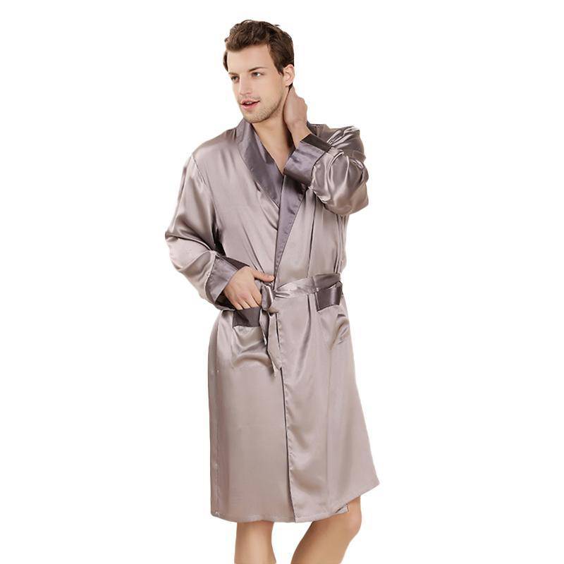 Long Silk Robe For Men 100% Pure Silk Robe With Piping