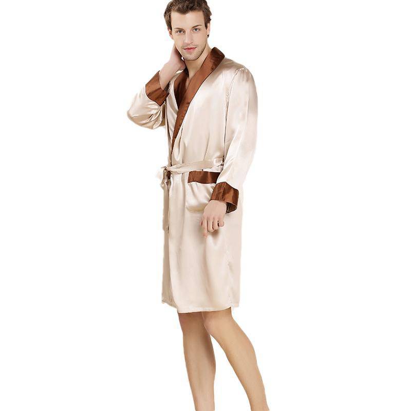 Long Silk Robe For Men 100% Pure Silk Robe With Piping