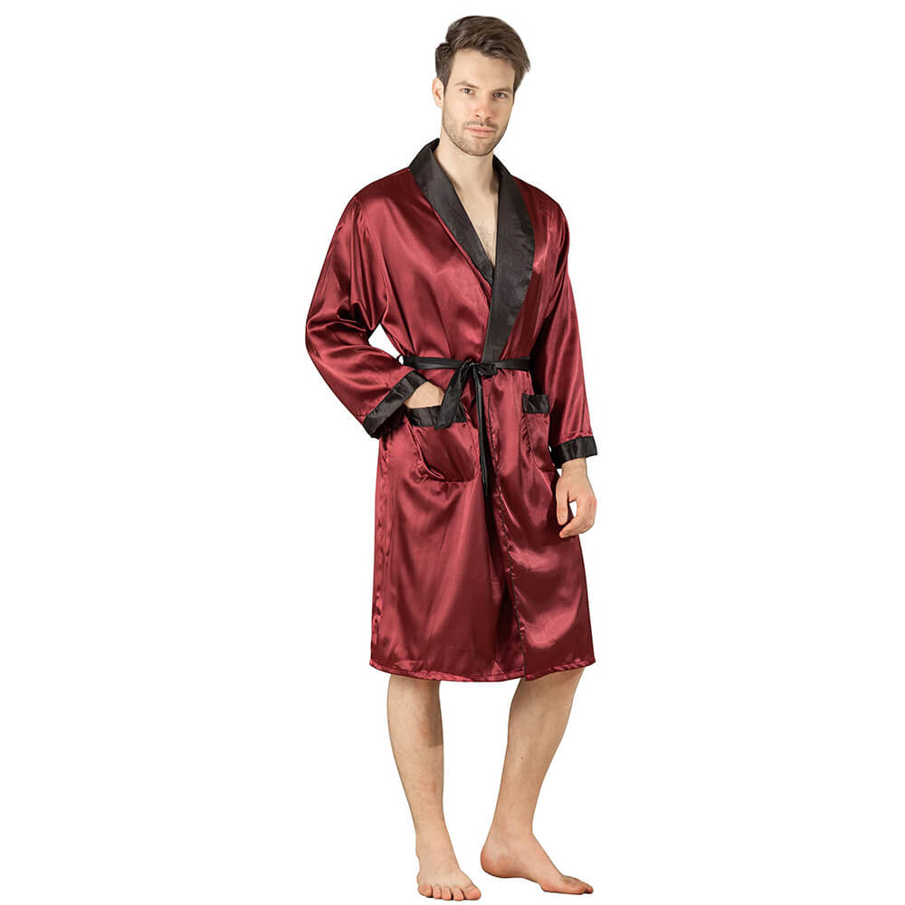 Long Silk Robe For Men 100% Pure Silk Robe With Piping