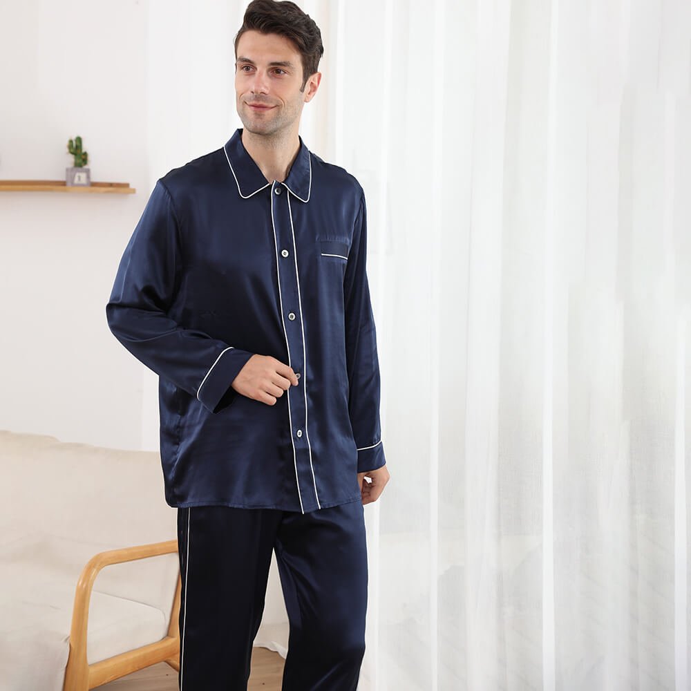 Long Sleeved Two Piece Silk Pajamas Set for Men With Trimming Clearance Sales