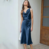 Luxury Silk Dresses Cowl Neck Sleeveless Silk Midi Dress