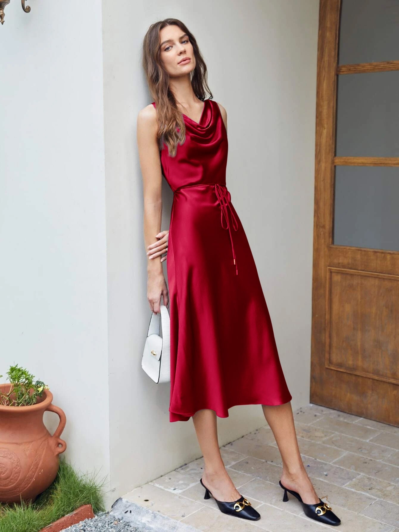 Luxury Silk Dresses Cowl Neck Sleeveless Silk Midi Dress