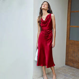 Luxury Silk Dresses Cowl Neck Sleeveless Silk Midi Dress