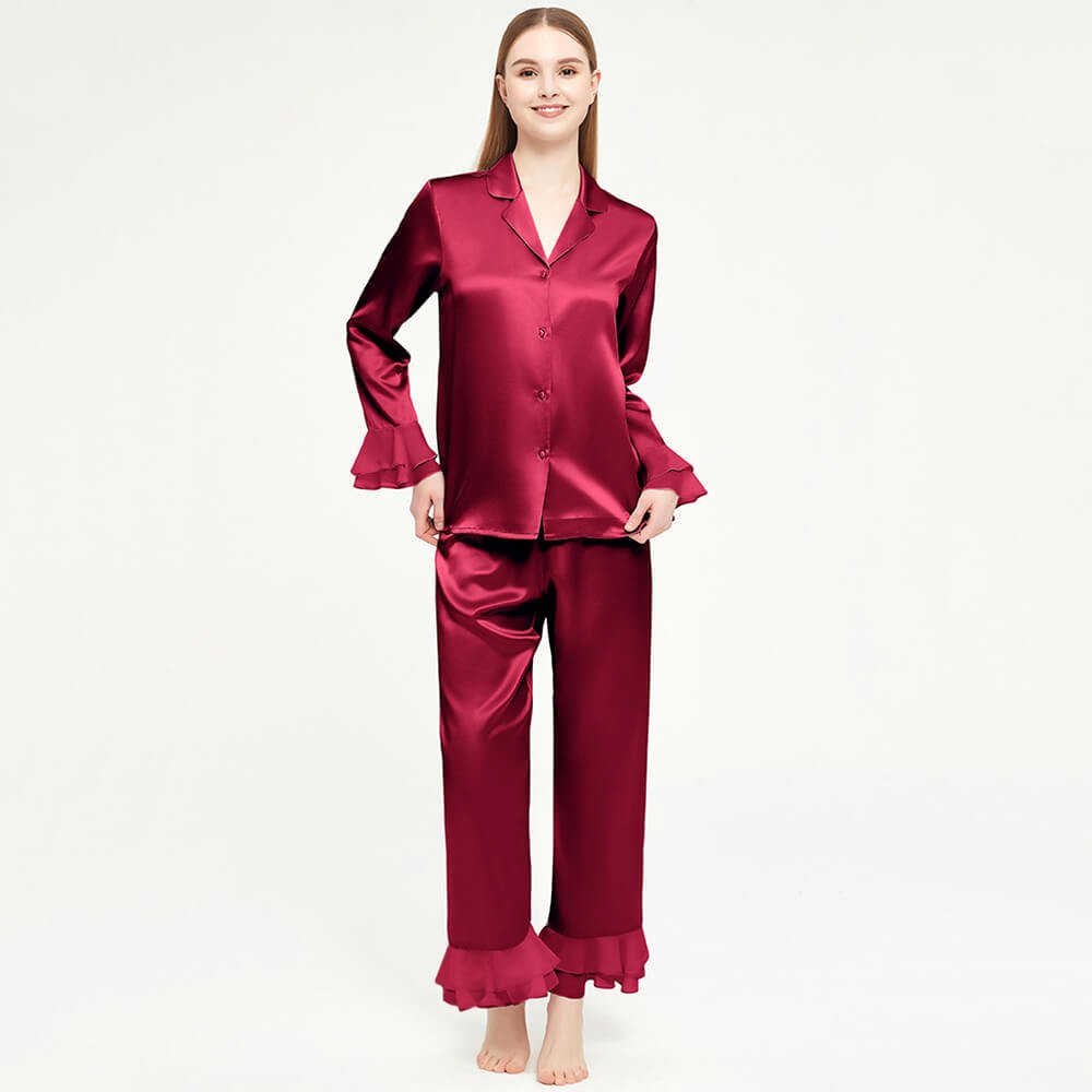 Womens Long Silk Pajamas Set ruffled Luxury Silk Sleepwear - slipintosoft