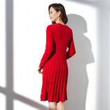 Womens Cashmere Pleated Dresses Long Sleeve Red Cashmere Floral Dress Slim Fit