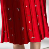 Womens Cashmere Pleated Dresses Long Sleeve Red Cashmere Floral Dress Slim Fit