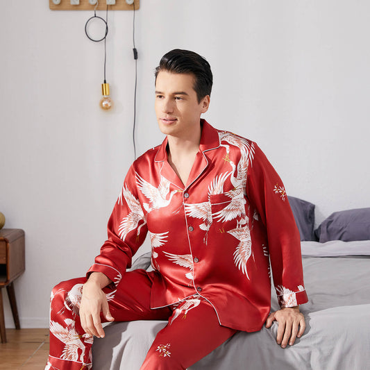 Men Crane Print Long Silk Pajamas Set Pure Silk Sleepwear