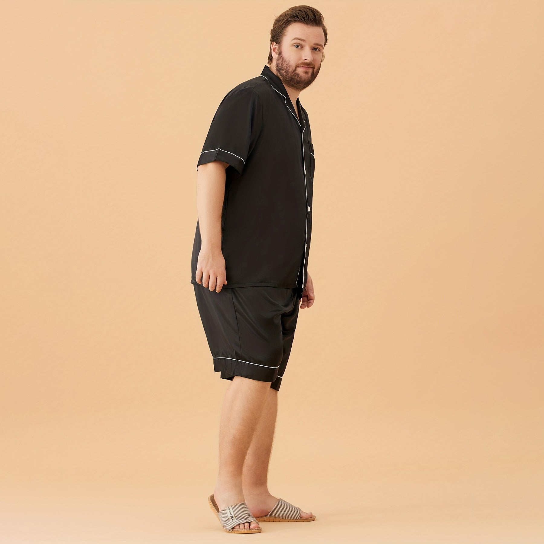 Black Men Plus Size Short Silk Pajamas Set Pure Silk Sleepwear