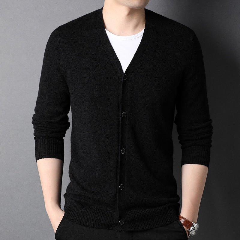 Mens V Neck Button - Up Pure Cashmere Cardigan Long Sleeve Ribbed Hem Knitted Coat