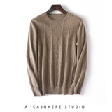 Mens Diamond Pattern Pure Cashmere Sweater Crew Neck Long Sleeve Tops Ribbed Hem