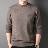 Mens Embroidered Crew Neck Cashmere Sweater Long Sleeve Ribbed Hem Knitted Tops