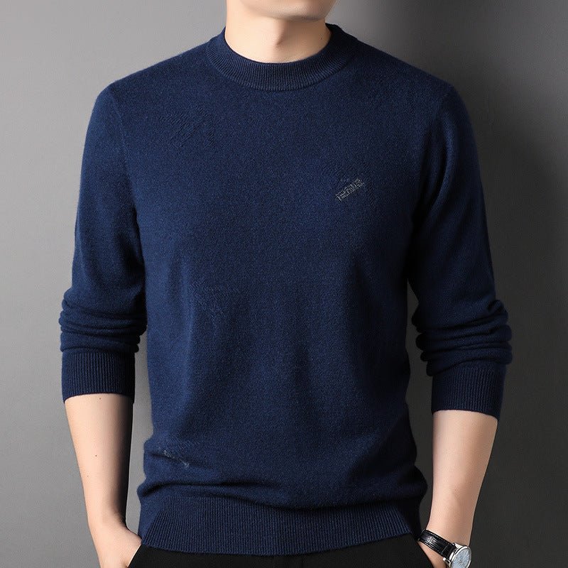 Mens Embroidered Crew Neck Cashmere Sweater Long Sleeve Ribbed Hem Knitted Tops