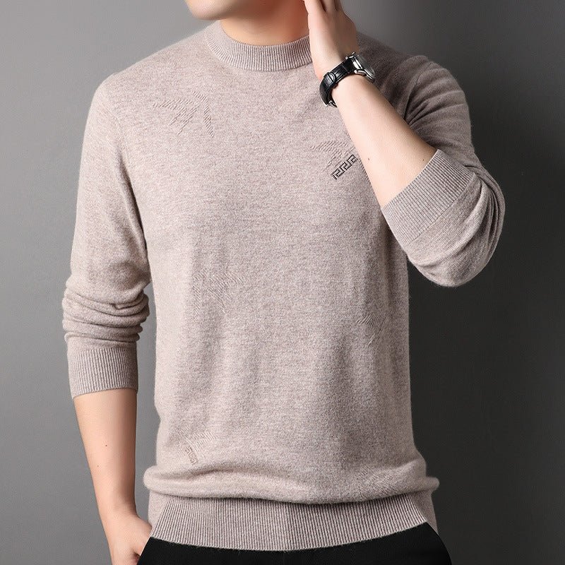 Mens Embroidered Crew Neck Cashmere Sweater Long Sleeve Ribbed Hem Knitted Tops