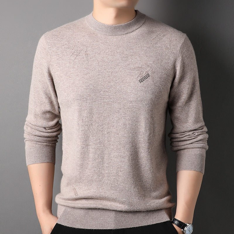 Mens Embroidered Crew Neck Cashmere Sweater Long Sleeve Ribbed Hem Knitted Tops