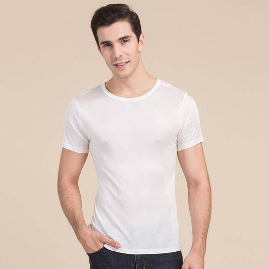 Mens Classic Crew Neck Silk T-Shirt Silk Knitted Top Shirts