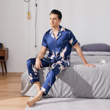 Mens Crane Print Silk Pajama Set 100% Mulberry Silk Sleepwear