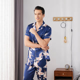 Mens Crane Print Silk Pajama Set 100% Mulberry Silk Sleepwear