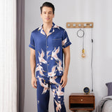 Mens Crane Print Silk Pajama Set 100% Mulberry Silk Sleepwear