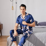 Mens Crane Print Silk Pajama Set 100% Mulberry Silk Sleepwear