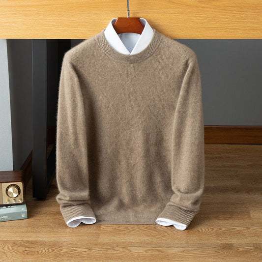 Mens Diamond Pattern Cashmere Sweater Crew Neck Long Sleeve Ribbed Hem