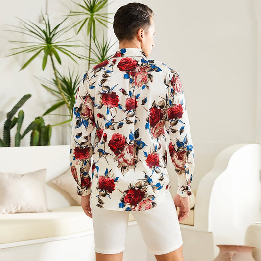 Men's Long Sleeve Flower Printed Silk Shirts Button Down Flower Silk Dress Shirt - slipintosoft