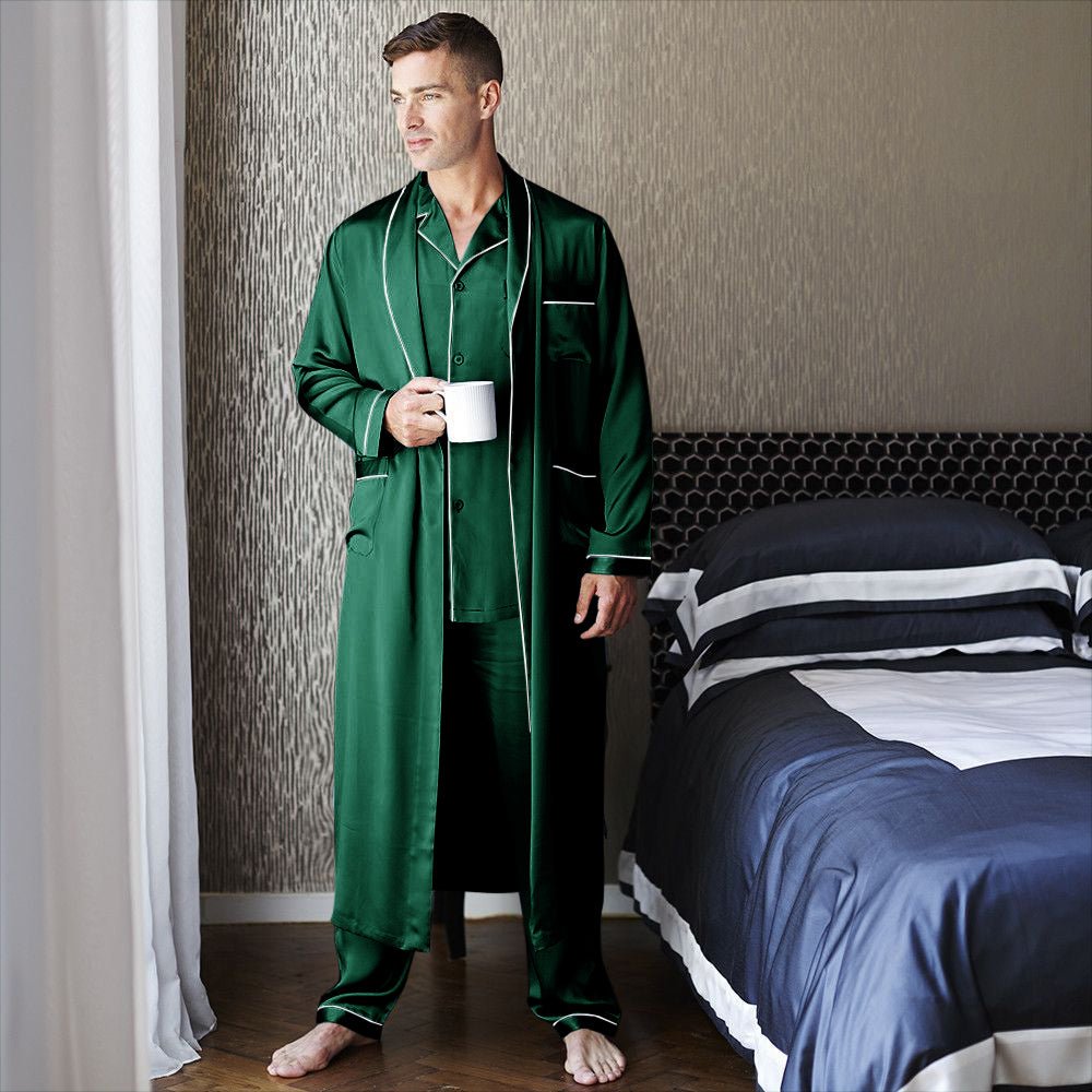 Mens Long Silk Pajamas Robe Set Full Length Silk Sleepwear