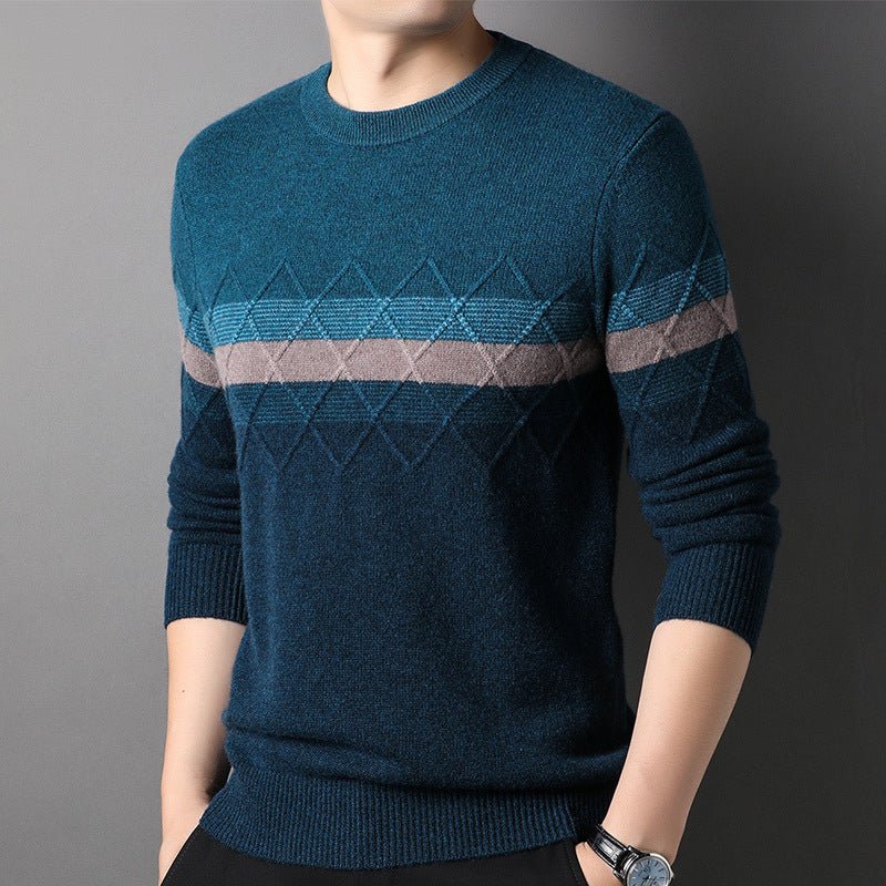 Mens Color Block Diamond Pattern Pure Cashmere Sweater Crew Neck Long Sleeve Ribbed Hem