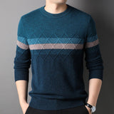 Mens Color Block Diamond Pattern Pure Cashmere Sweater Crew Neck Long Sleeve Ribbed Hem