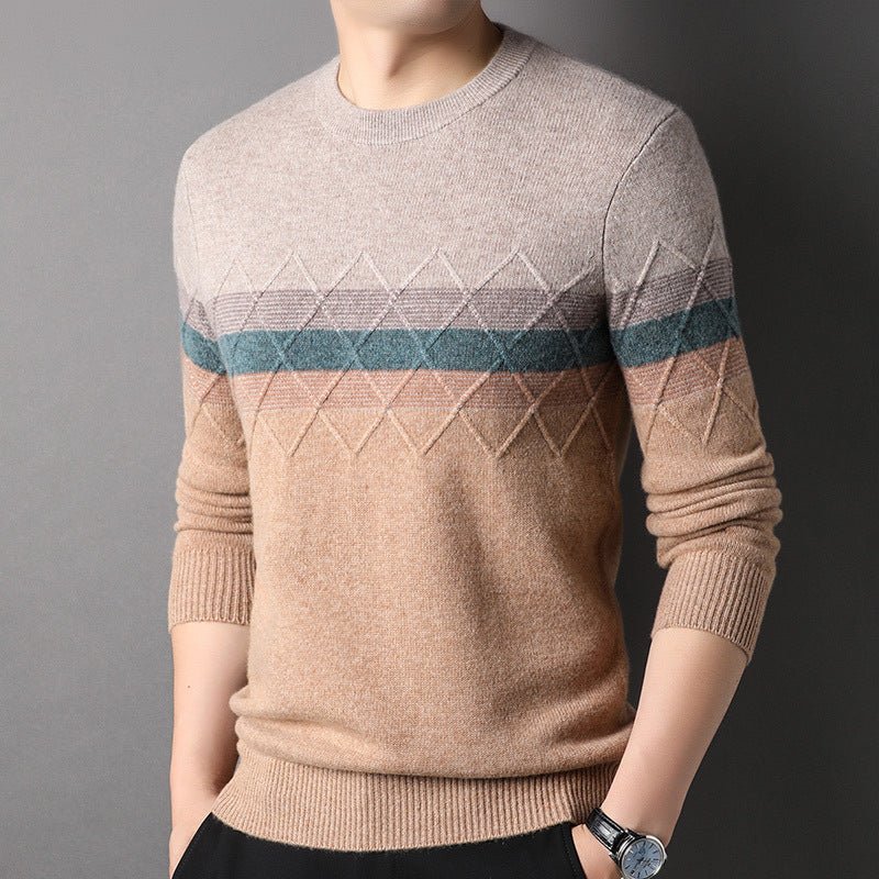 Mens Color Block Diamond Pattern Pure Cashmere Sweater Crew Neck Long Sleeve Ribbed Hem