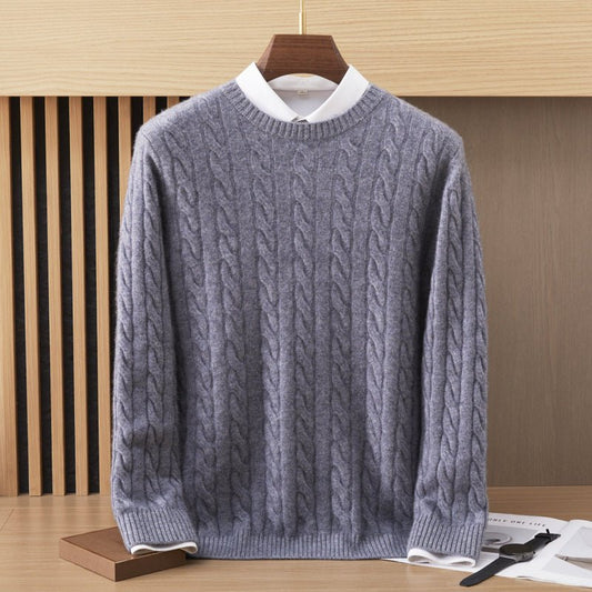 Mens Cable Knit Cashmere Sweater Crew Neck Long Sleeve Ribbed Hem Cashmere Sweatshirts