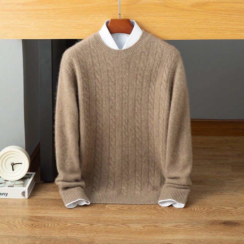 Mens Cable Knit Cashmere Sweater Crew Neck Long Sleeve Ribbed Hem Soft Knit