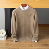 Mens Cable Knit Cashmere Sweater Crew Neck Long Sleeve Ribbed Hem Soft Knit