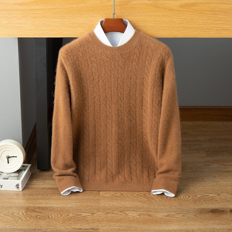 Mens Cable Knit Cashmere Sweater Crew Neck Long Sleeve Ribbed Hem Soft Knit