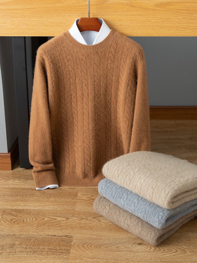 Mens Cable Knit Cashmere Sweater Crew Neck Long Sleeve Ribbed Hem Soft Knit