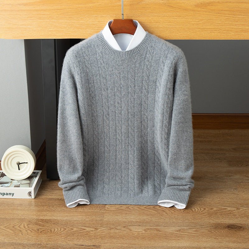 Mens Cable Knit Cashmere Sweater Crew Neck Long Sleeve Ribbed Hem Soft Knit