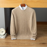 Mens Cable Knit Cashmere Sweater Crew Neck Long Sleeve Ribbed Hem Soft Knit