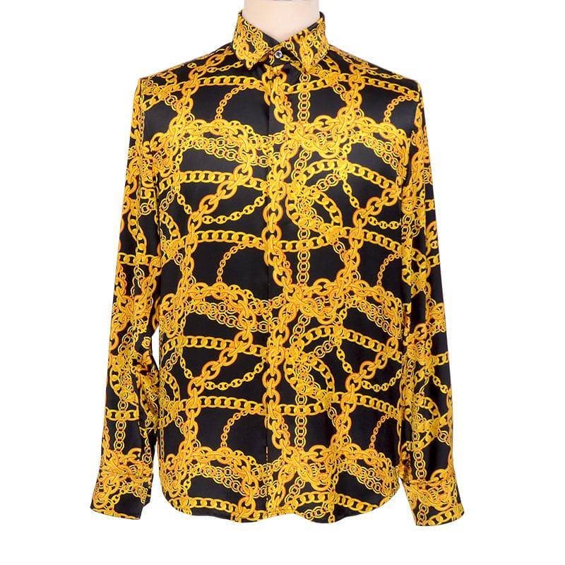 Men s Luxury Gold Chains Print Button Down Long Sleeve Silk Dress Shirt