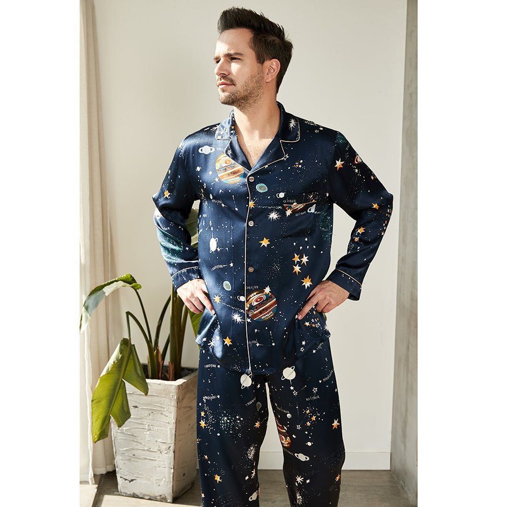 Men's Luxury Silk Pajamas Set Galaxy Print Mulberry Silk Sleepwear