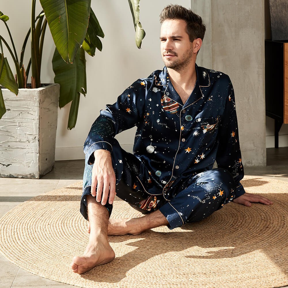 Men's Luxury Silk Pajamas Set Galaxy Print Mulberry Silk Sleepwear