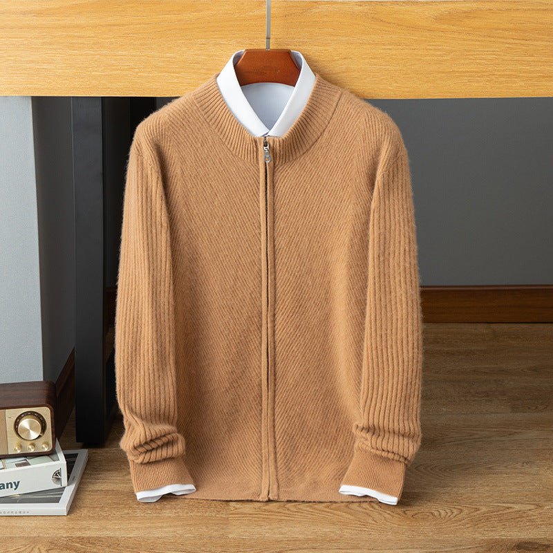 Mens Ribbed Cashmere Zip - Up Sweater Stand Collar Long Sleeve Knit Sweater Coat