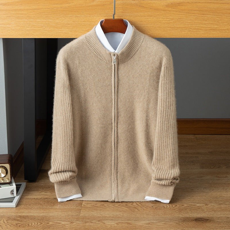 Mens Ribbed Cashmere Zip - Up Sweater Stand Collar Long Sleeve Knit Sweater Coat