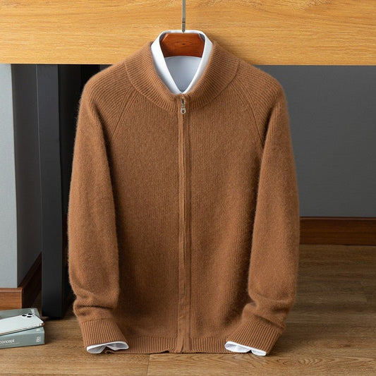 Mens Zip - Up Cashmere Sweater Stand Collar Long Sleeve Knitted Sweater Coat