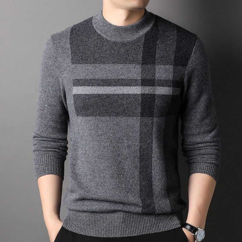 Mens Plaid Pattern Pure Cashmere Sweater Crew Neck Long Sleeve Tops with Ribbed Hem